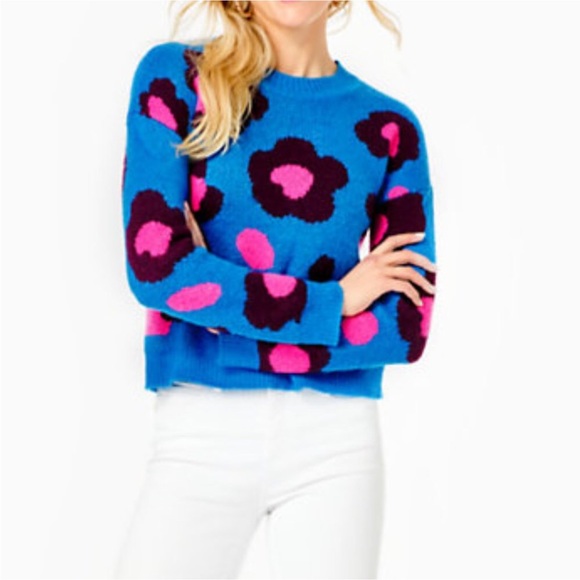 Lilly Pulitzer Ferrara Sweater Blue Flare Growl and Prowl Jacquard Print Size XS - Picture 3 of 16
